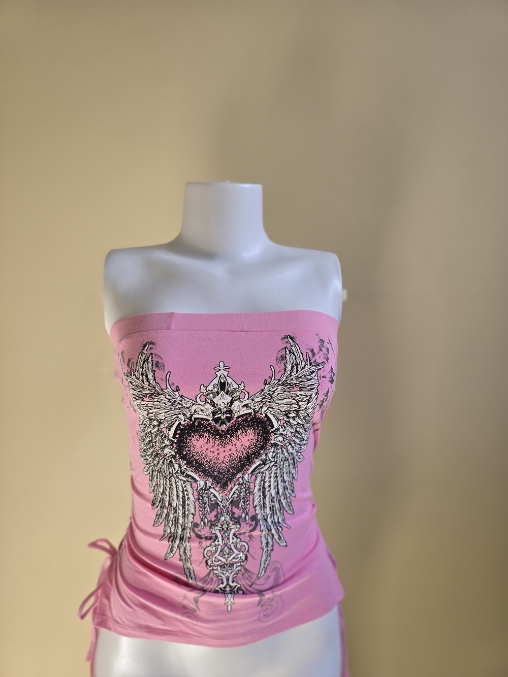 Pink Strapless Graphic Heart Wing Crop Top